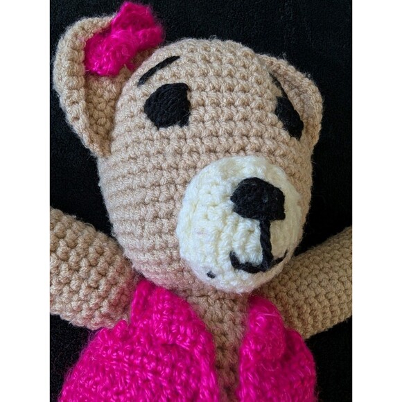 14" Crochet Knit Bear In Pink Dress Handmade Soft Plush Nursery Decor Baby Gift - Picture 3 of 14